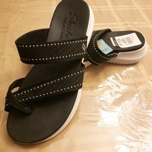 Skechers black sandal flip flop with silver rhinestone studs